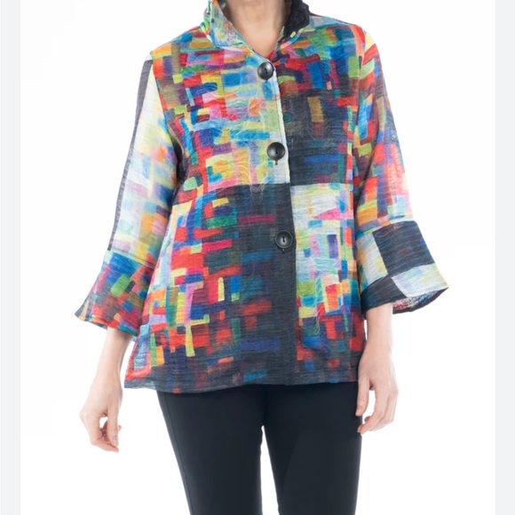 Frederique Abstract Jacket Colorized Statement 3/4 Sleeves Lightweight Topper - Picture 2 of 15